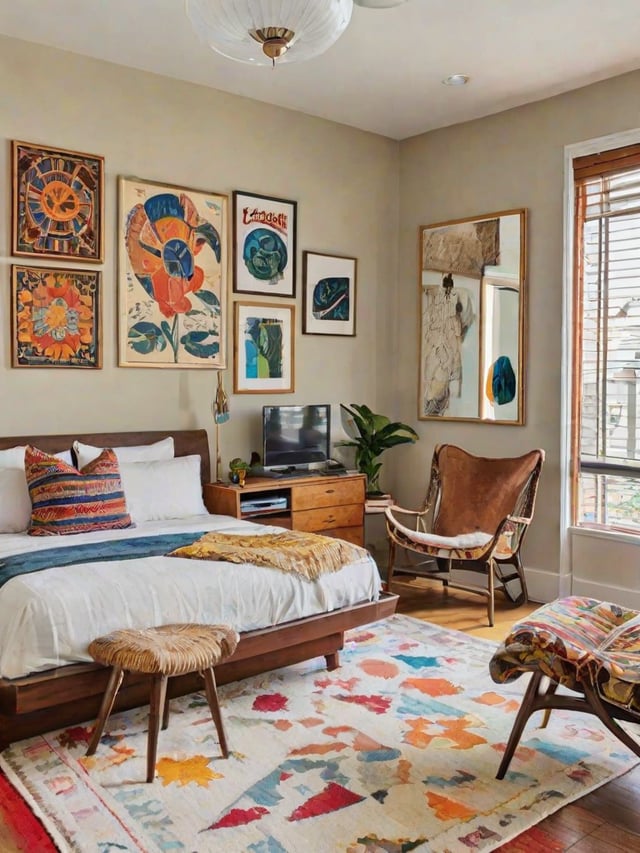 Eclectic bedroom with a colorful blanket, wooden headboard, television, potted plant, and artwork on the walls.