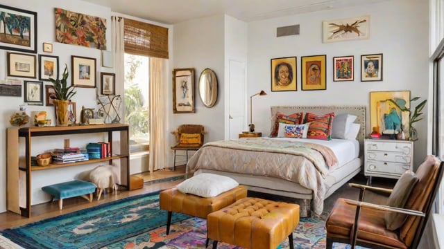 A large bedroom with an eclectic design style, featuring a mix of different design elements and a colorful comforter on the bed.