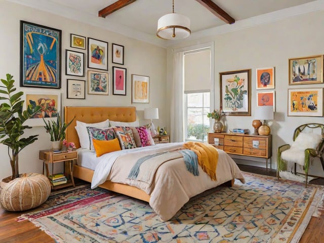 A bedroom with a large bed, rug, and artwork on the walls. The bed has a colorful comforter and the room is decorated with potted plants.