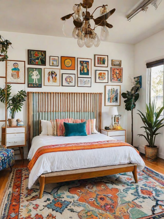 A bedroom with an eclectic design style, featuring a large bed, wooden headboard, and a variety of artwork on the walls. The room also has several potted plants, adding a touch of greenery to the space.