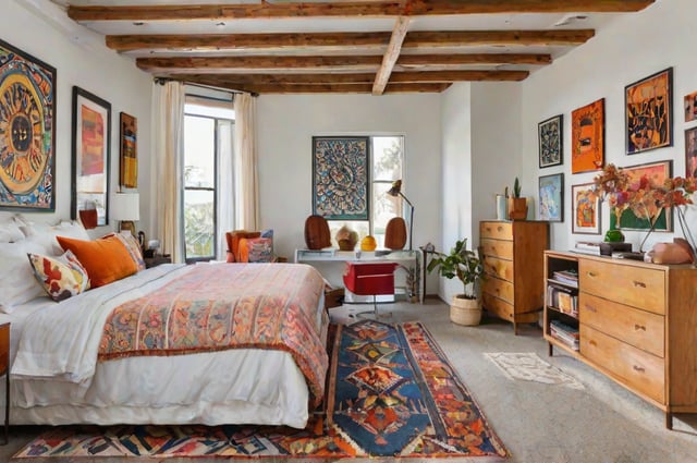 Eclectic bedroom with a large bed, chair, dresser, and window. The room is decorated with colorful rugs and a potted plant.