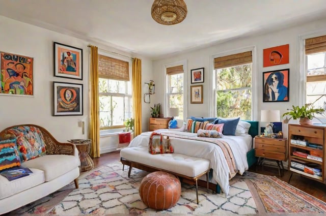 Eclectic bedroom with a large bed, bench, chair, and various art pieces.