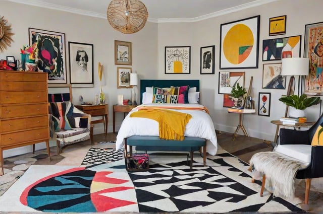 A bedroom with a bed, chair, and rug. The bed has a yellow blanket and is surrounded by pictures and decorations.