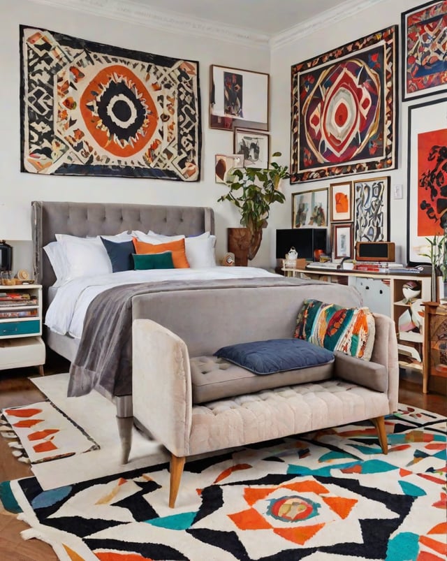 A bedroom with a bed, chair, and various decorations on the walls and floor.