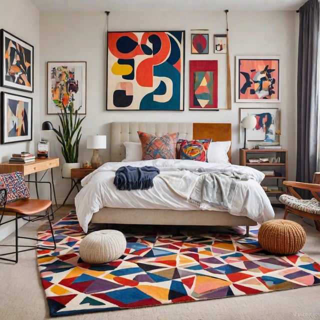 Bedroom with a bed, rug, and pictures on the wall.