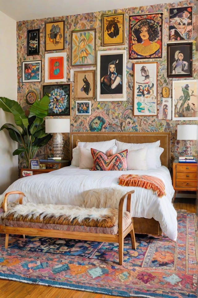 A bedroom with a bed and chair, featuring eclectic design elements such as colorful wallpaper and artwork on the walls.