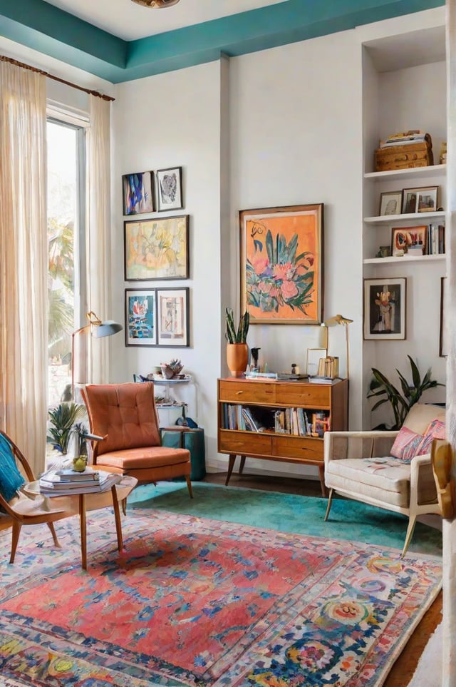 An eclectic living room with a mix of furniture, artwork, and plants.