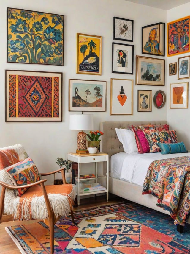 A cozy eclectic bedroom with a bed, chair, and artwork on the walls.