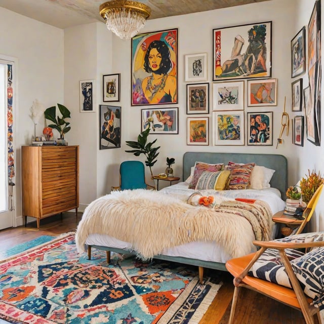 An eclectic bedroom with a white comforter, fur throw, and many pictures on the walls.