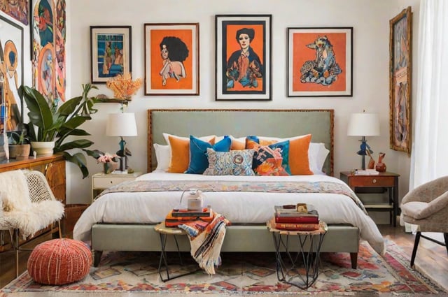 An eclectic bedroom with a bed, pillows, and pictures hanging above the headboard.