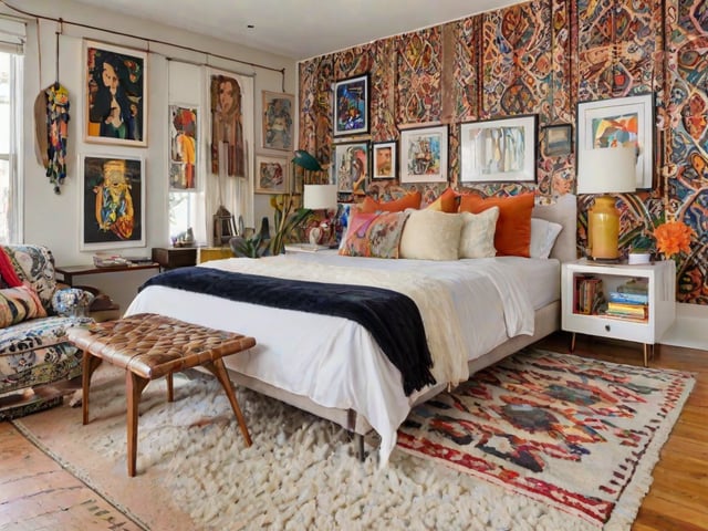 Eclectic bedroom with a white comforter and black throw on the bed. The walls are adorned with numerous pictures and artwork, creating a vibrant and unique atmosphere.