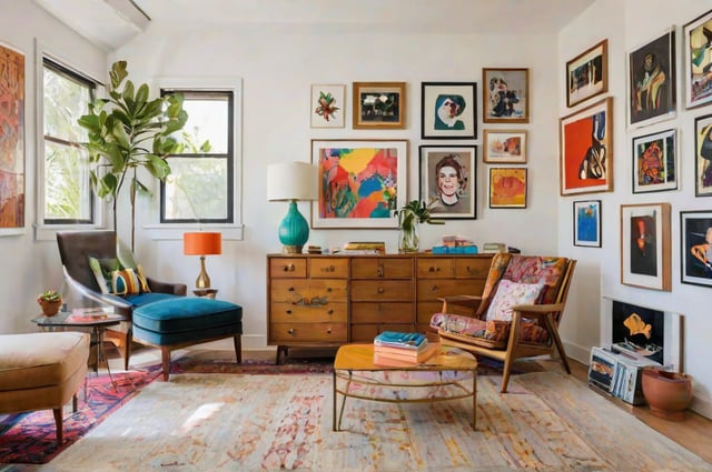 A cozy living room with a couch, chair, coffee table, and various decorations.