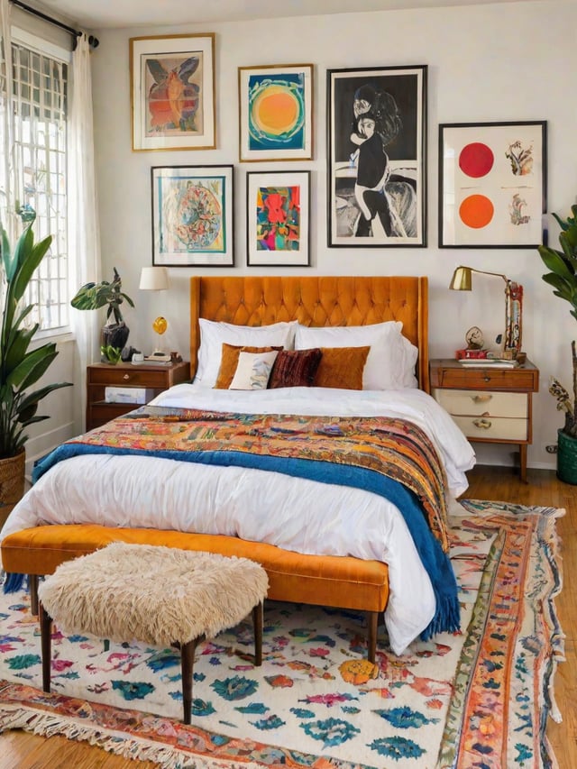 A bedroom with a large bed, wooden headboard, rug, dresser, nightstand, and lamps. The room is decorated in an eclectic style with various pictures on the walls.