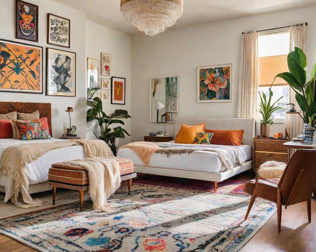 An eclectic bedroom with two beds, a couch, a chair, and a potted plant. The room is well-lit and features various artworks on the walls.