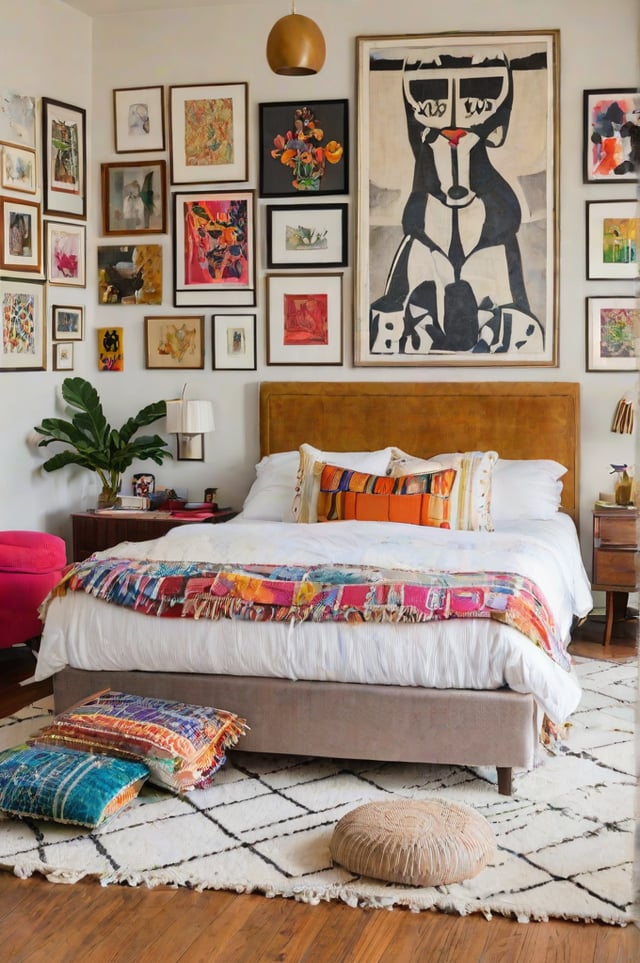 A bedroom with a large bed, colorful quilt, and eclectic art pieces on the walls.