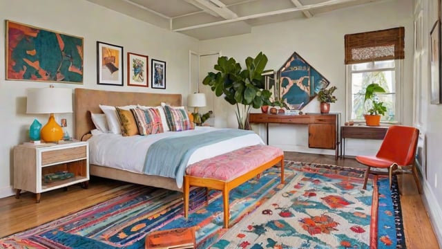 A bedroom with a large bed, a dresser, and a rug. The room is decorated in an eclectic style, featuring a mix of different design elements.