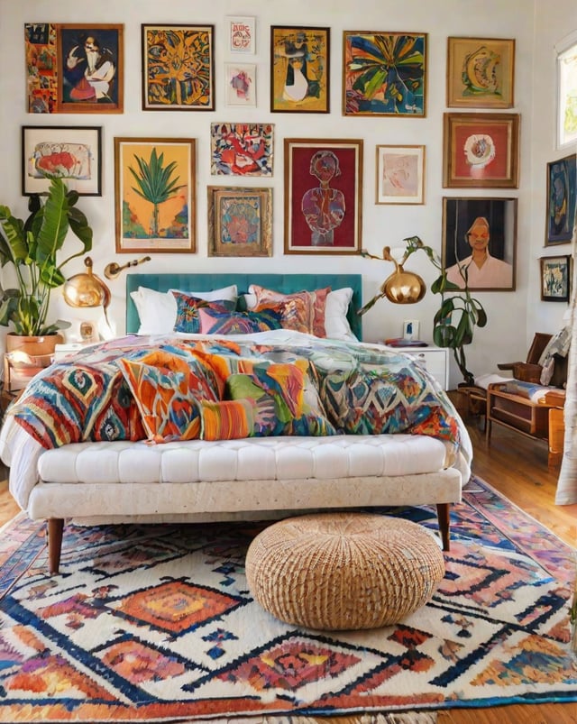 Eclectic bedroom with a large bed, colorful comforter, and various pillows. The room is decorated with artwork and potted plants.