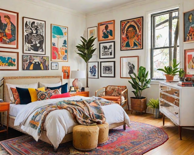 A bedroom with a bed, chair, and eclectic artwork and decorations. The room is filled with potted plants and vases, creating a warm and inviting atmosphere.