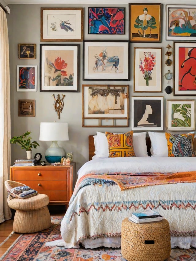 A bedroom with a large bed, surrounded by artwork and decorative elements, creating an eclectic and cozy atmosphere.