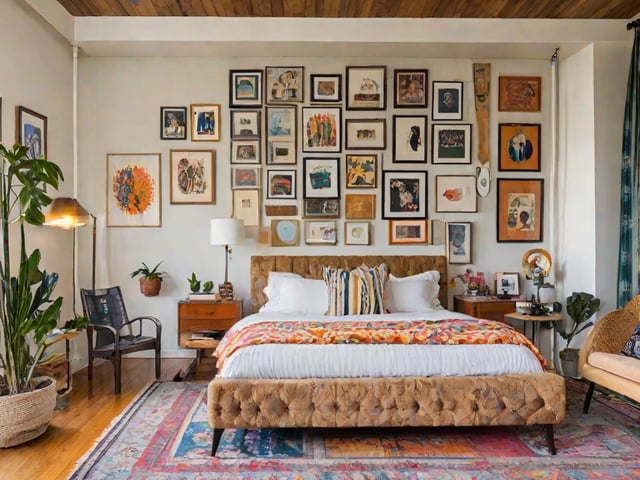 A bedroom with a large bed, eclectic artwork, and potted plants.