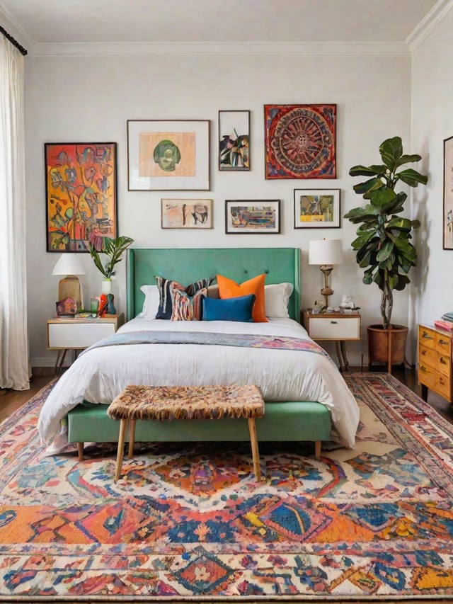 A bedroom with a large bed, eclectic artwork, and a colorful rug. The bed is positioned under a green headboard and features a colorful comforter.