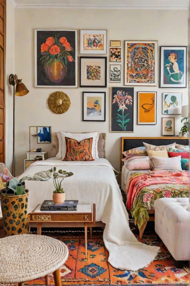 A cozy bedroom with an eclectic design featuring a bed, pillows, pictures on the wall, and two potted plants.