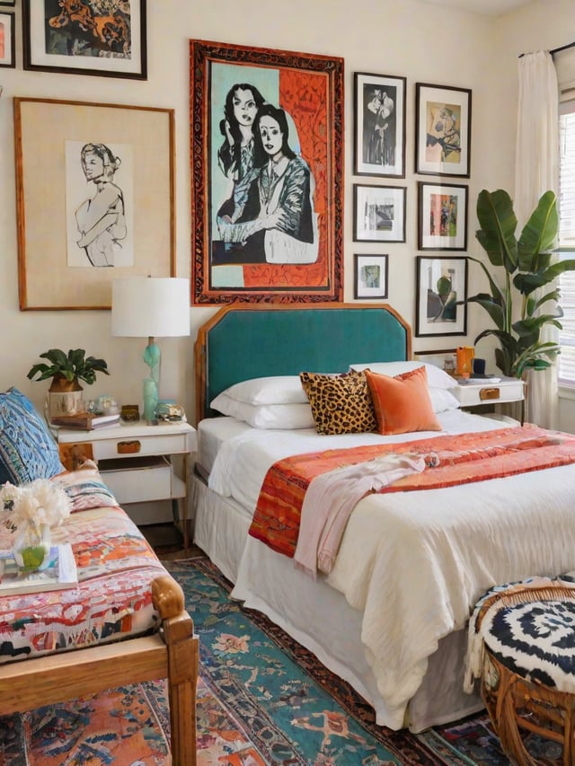 A cozy eclectic bedroom with a large bed, couch, chair, artwork, framed pictures, potted plants, and a book.