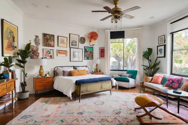 A large bedroom with a bed and two couches, featuring a colorful rug and a ceiling fan. The walls are adorned with various artworks, creating an eclectic and vibrant atmosphere.