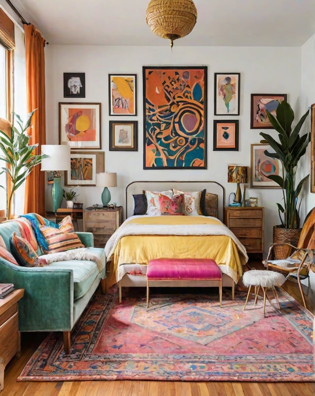 Eclectic bedroom with a large bed, couch, and art pieces on the walls. The room is decorated with potted plants and has a window for natural light.