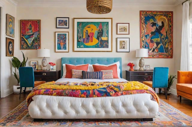 A bedroom with a colorful blanket and eclectic artwork on the walls.