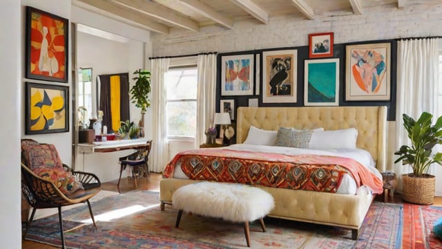 Eclectic bedroom with a large bed, furry ottoman, and various art pieces on the walls. The room features a mix of different styles and colors, creating a unique and inviting atmosphere.