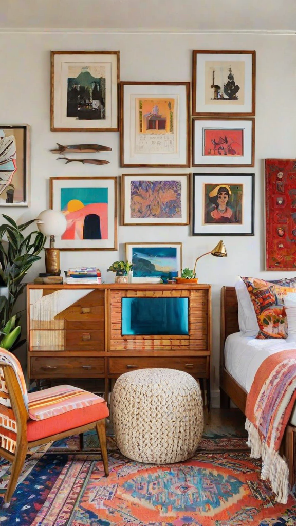 An eclectic style bedroom with a bed, dresser, and artwork on the walls.