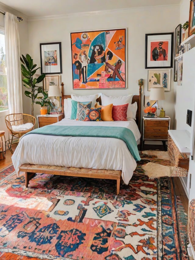 A bedroom with a large bed, wooden frame, green and blue comforter, and several pillows. The room also contains a chair, a potted plant, and a few vases.