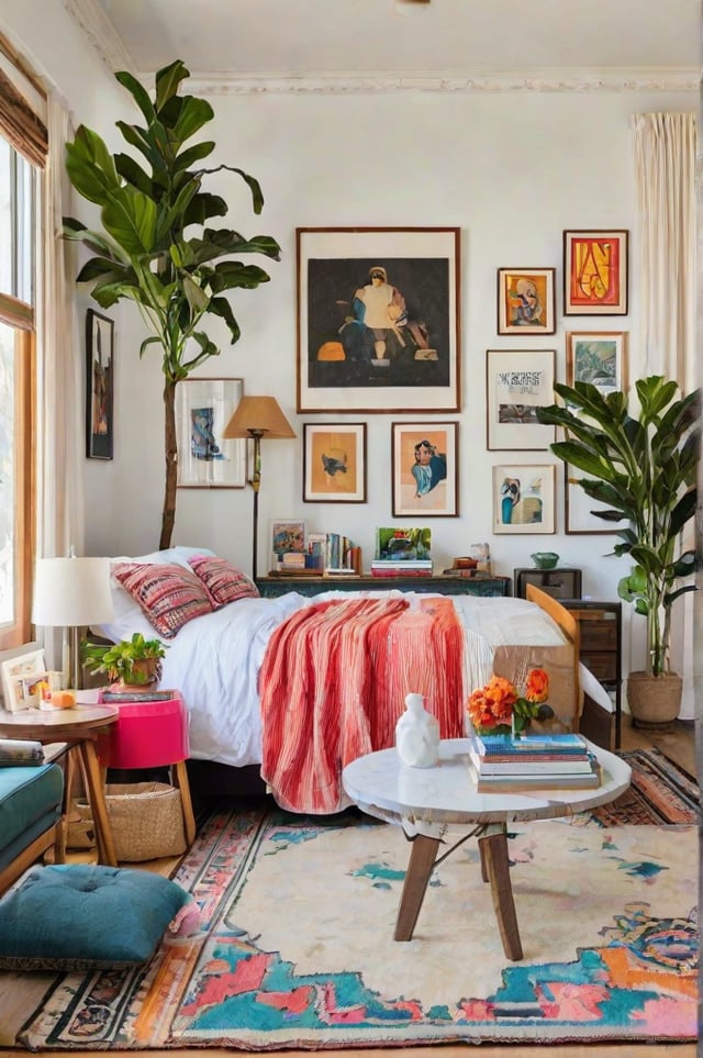 A cozy bedroom with an eclectic design style, featuring a large bed, a table with books, and two potted plants.