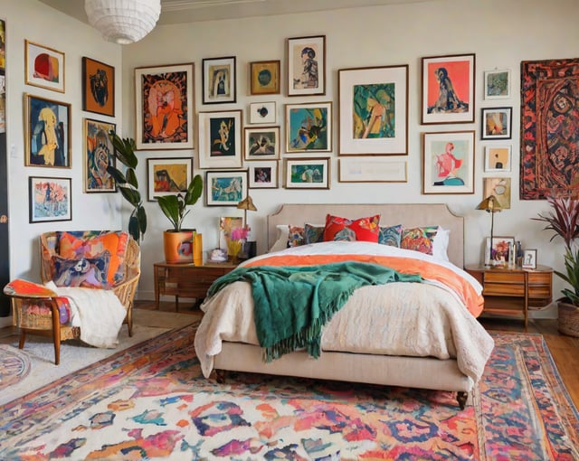 A cozy bedroom with a large bed, eclectic artwork, and a variety of pillows.