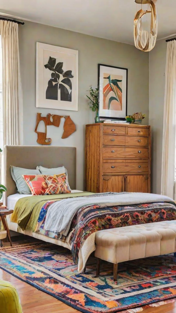 An eclectic bedroom with a bed and dresser. The bed has a colorful comforter and pillows, and there are pictures on the wall.