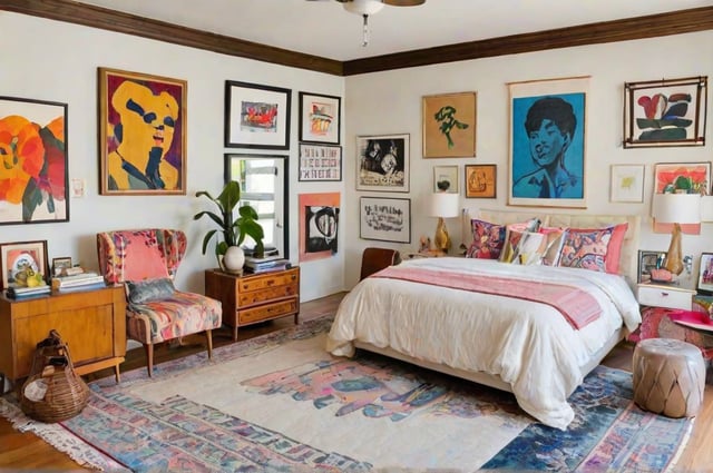 A cozy bedroom with a large bed, a chair, and a potted plant. The room is decorated with eclectic artwork, creating a unique and inviting atmosphere.