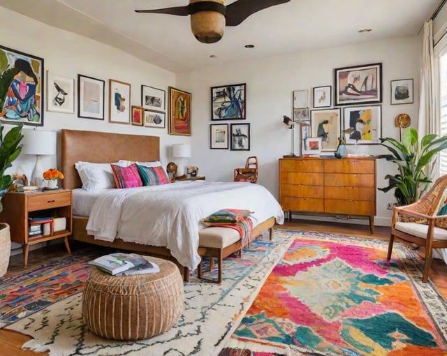 A bedroom with a large bed, rug, and eclectic artwork on the walls.