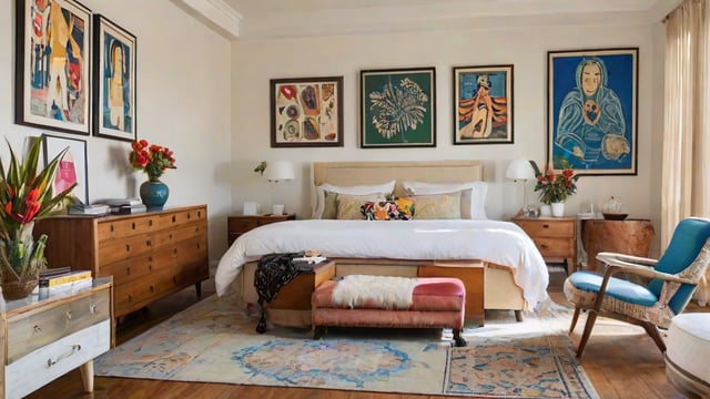 Eclectic bedroom with a large bed, bench, rug, and lamps on either side.