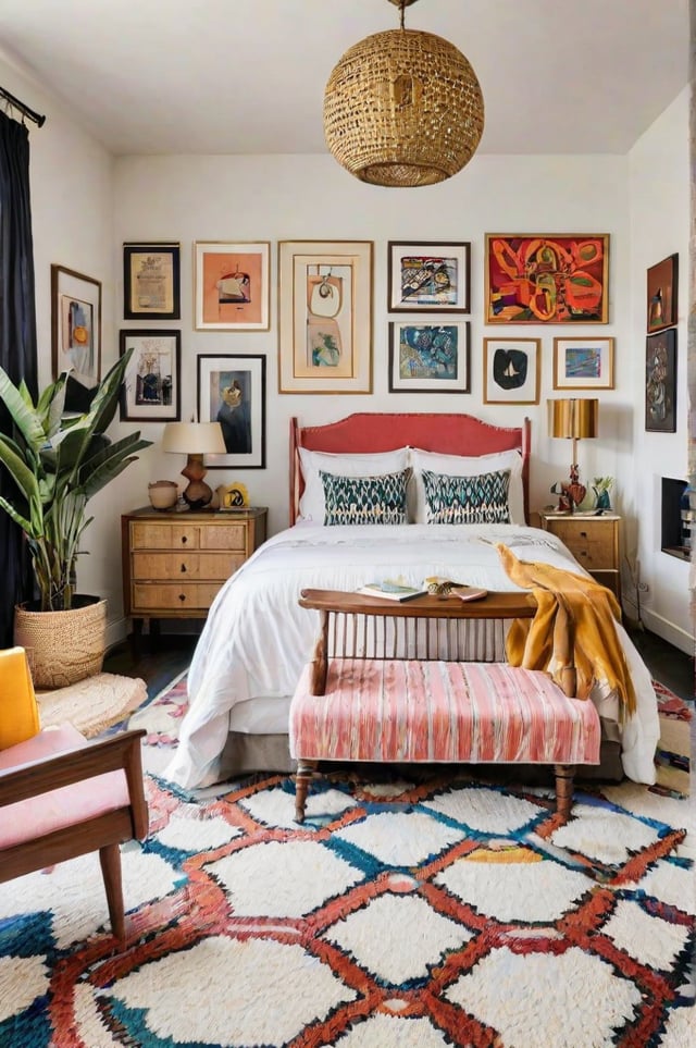 A cozy bedroom with an eclectic design style, featuring a white bedspread and a red headboard. The room is adorned with various artworks and pictures hanging on the walls.