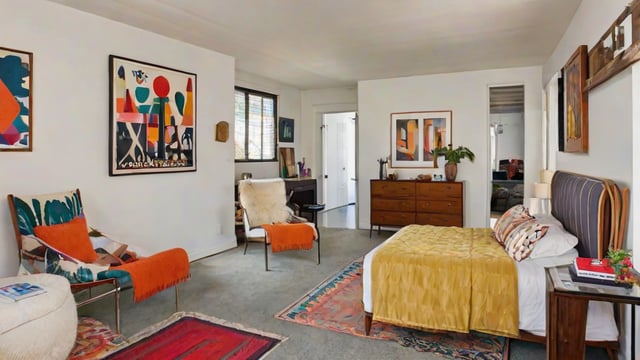 Eclectic bedroom with a large bed, a chair, and a rug. The room features a white color scheme with a touch of orange and red accents.