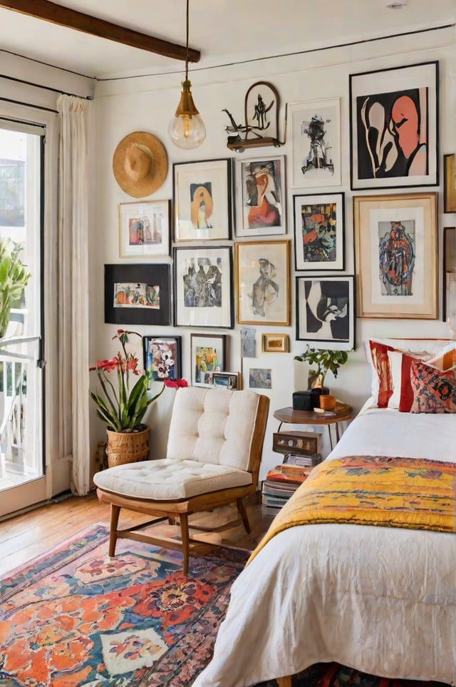 A cozy bedroom with an eclectic design style, featuring a mix of different artworks and decorative items. The room includes a bed, chair, potted plant, and vase.