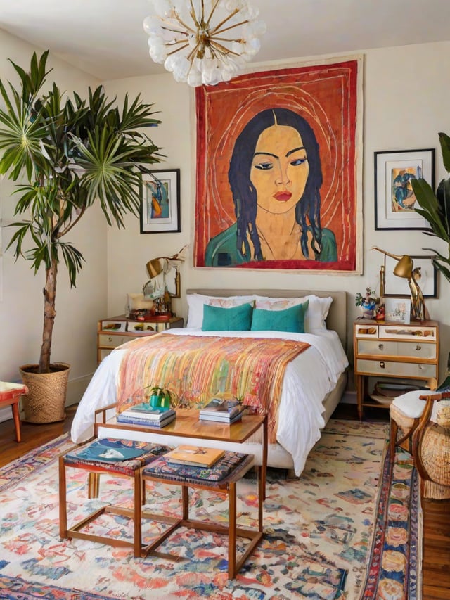 A bedroom with an eclectic design style, featuring a colorful comforter, a large painting of a woman's face, and various plants.