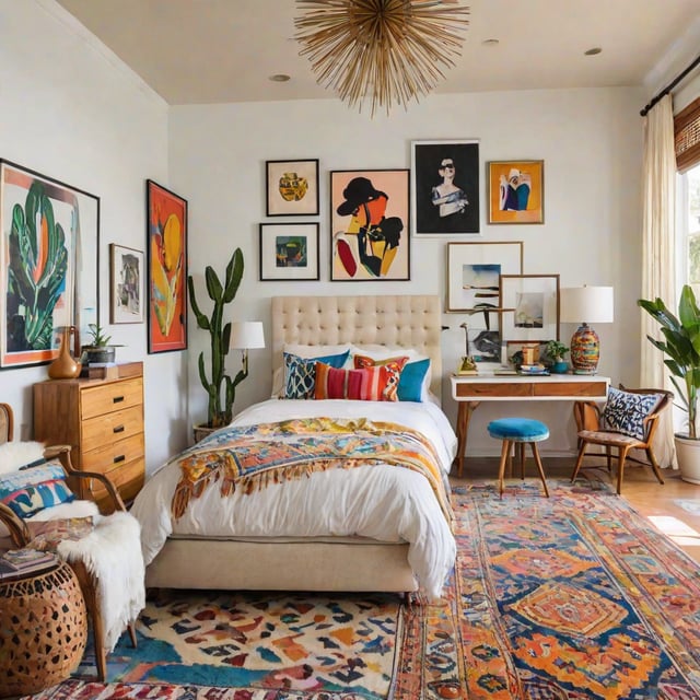 Eclectic bedroom with a colorful blanket, artworks, and potted plants