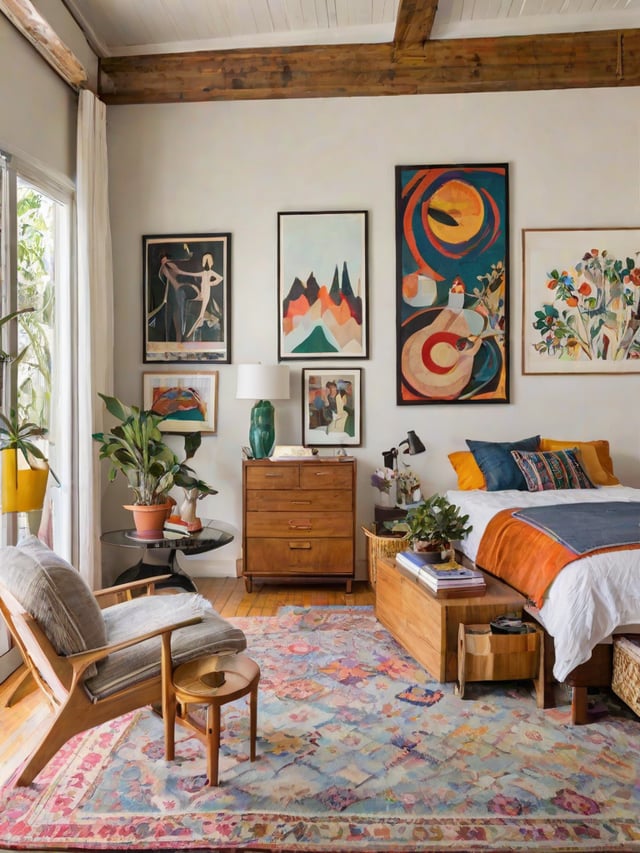 Eclectic bedroom with a mix of artwork and furniture