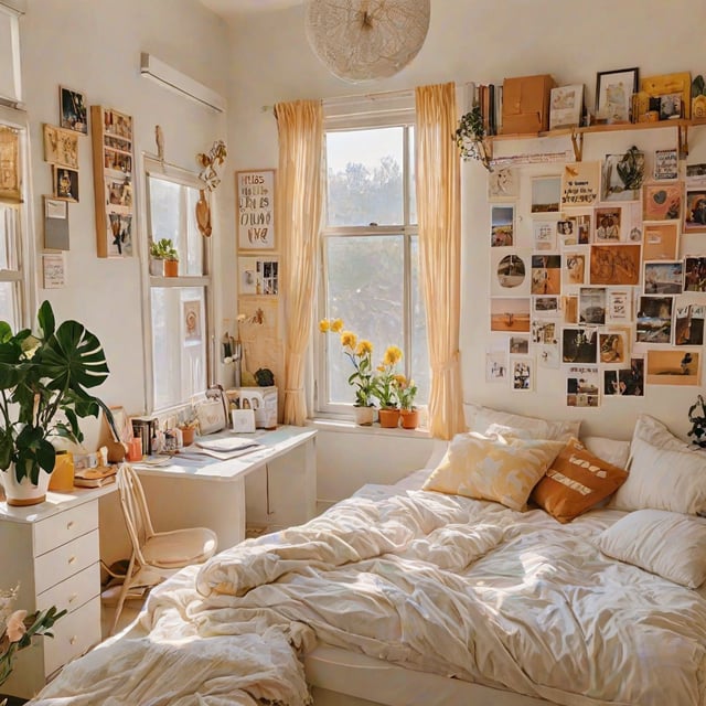 A dorm room with a white bed, a desk, and a window with yellow flowers. The room is decorated with pictures and plants, giving it a cozy and inviting feel.