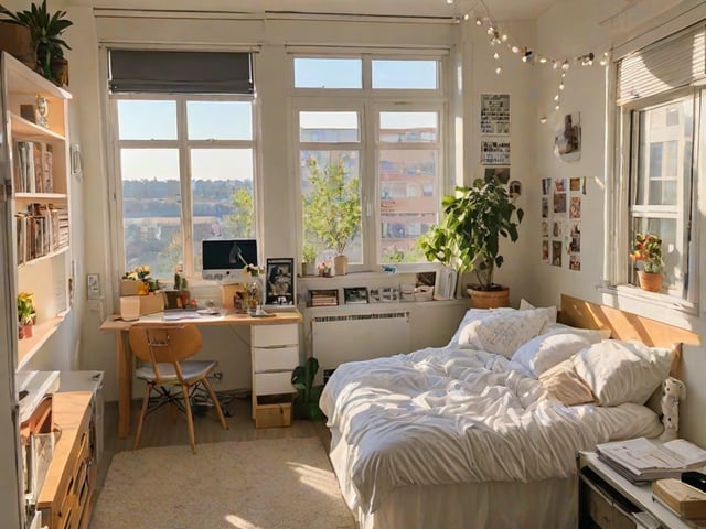 A bedroom with a bed, desk, and window. The room is filled with various items such as a computer, potted plant, and books.