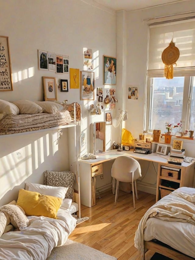 A cozy dorm room with a bed, desk, and chair. The room is decorated with various pictures and has a comfortable atmosphere. The bed is situated near a window, allowing for natural light to fill the space. The desk and chair are placed in the corner of the room, providing a dedicated workspace.