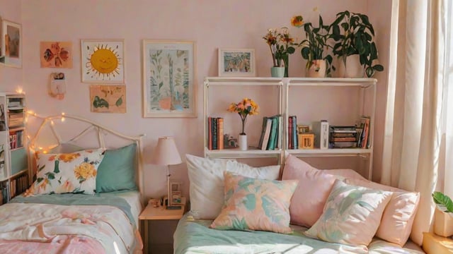 A simple dorm room with two beds, one with a pink and green comforter. The room is decorated with books, vases, and potted plants. There are two vases on the shelves, one with flowers and the other with a sunflower. The room also features a nightstand with a lamp and a clock.