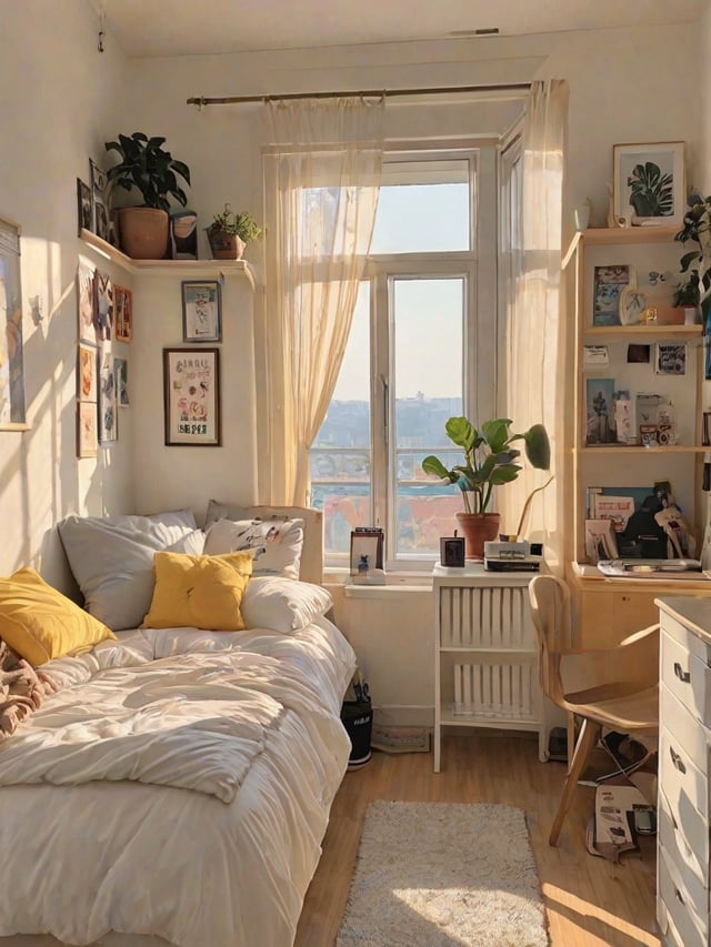 A view of a bedroom with a bed, a desk, and a window with a view of the city. The room is decorated with potted plants and books.